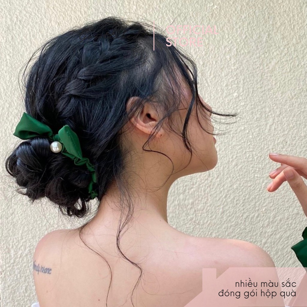 Scrunchies cột tóc nơ đính ngọc trai đá Goûttobed Lụa Satin Silk (nhiều màu)