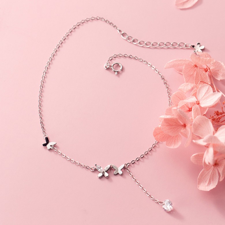 Lắc chân vòng chân 💋Freeship Hoàn xu nữ bạc s925 butterfly và viên pha lê rơi