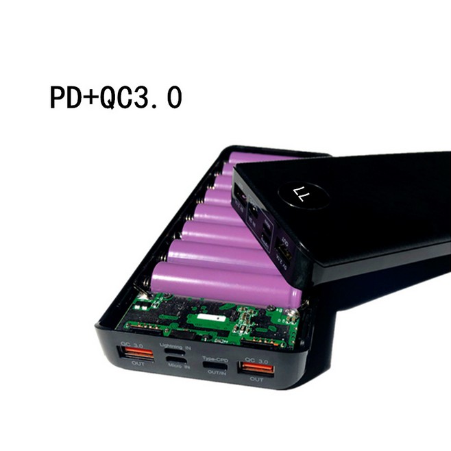 Box sạc nhanh QC3.0 + PD chân cắm type c lightning micro usb 8 cell dùng pin 18650 có LCD hiển thị (chưa pin)