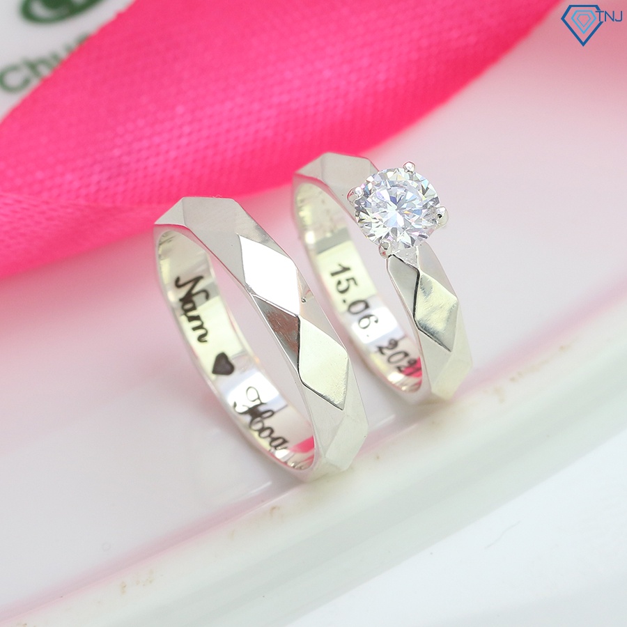 nhẫn bạc đôi nam nữ kẻ caro khắc tên cá tính ND0479 - Trang sức TNJ