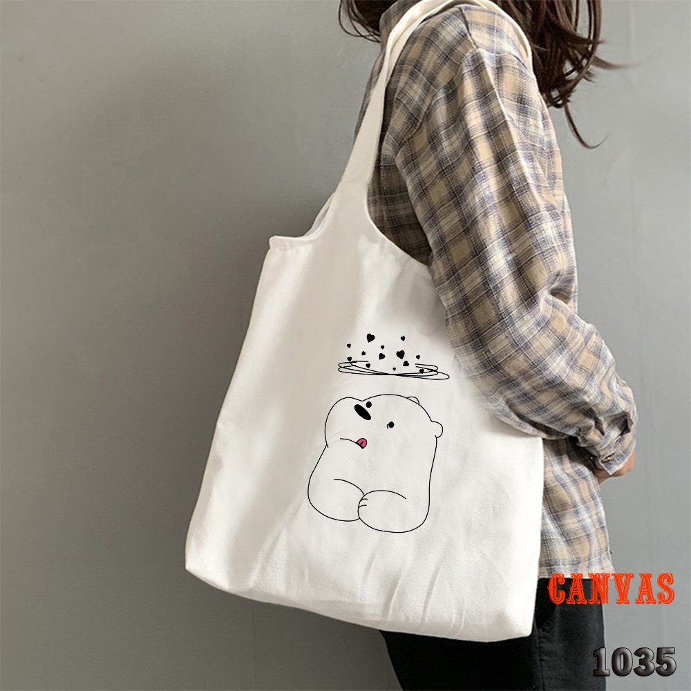 TÚI TOTE TRẮNG CHẤT VẢI CANVAS 1035 CHÚ GẤU TIM XOAY VÒNG DỄ THƯƠNG HÀNG CHUẨN ĐẸP