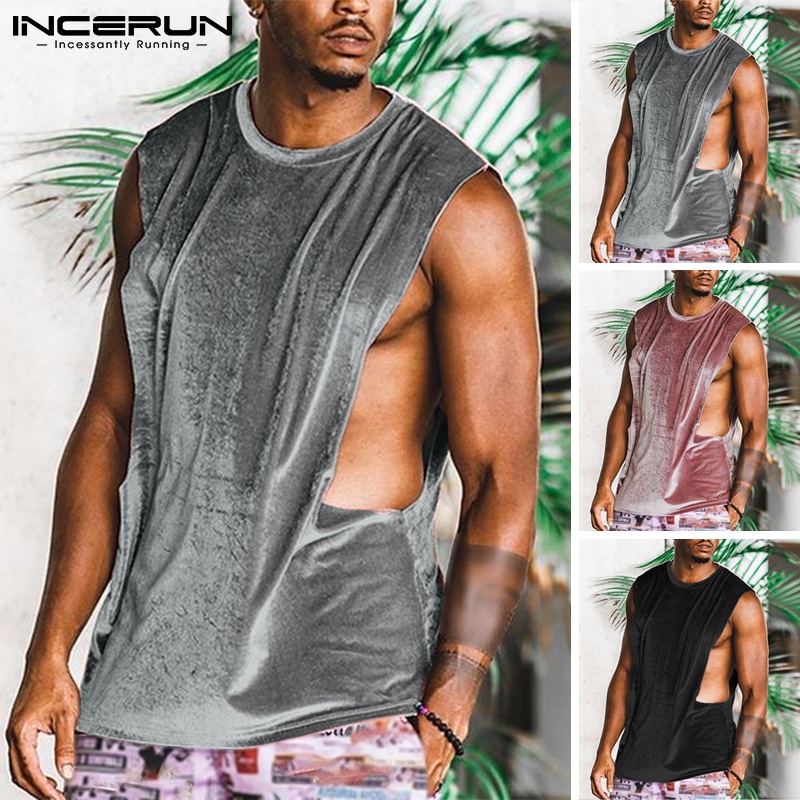 Áo thun ba lỗ INCERUN màu trơn dáng rộng bằng vải nhung thời trang dành cho nam