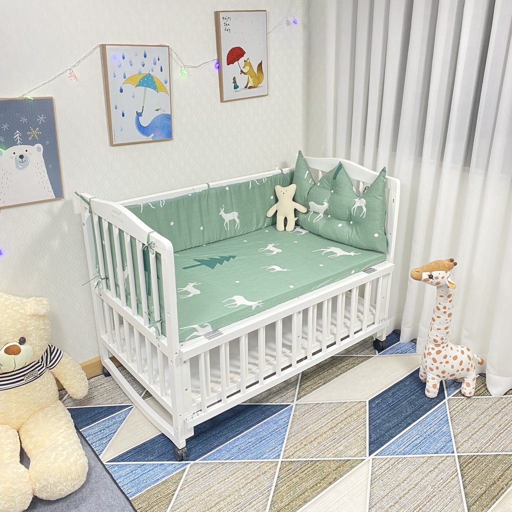 Bộ Quây Cũi Cho Bé Kèm Ga GOLDCAT QDVM Thiết Kế 1 Đầu Vương Miện, Chất Vải Thô Lụa Dùng Cho Mọi Loại Cũi