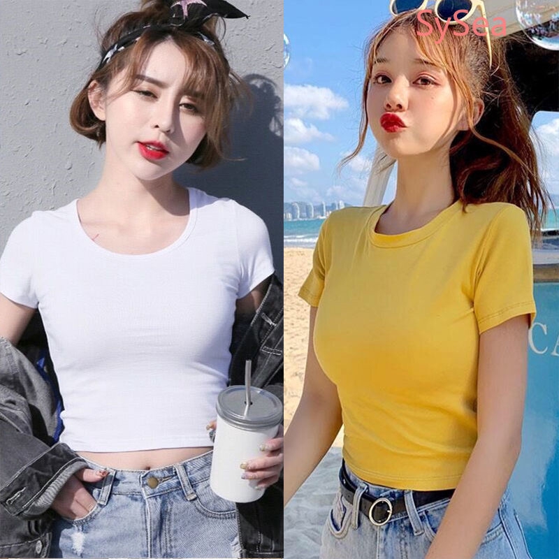 Áo croptop dáng ôm ngắn tay cổ tròn màu trơn trẻ trung đơn giản