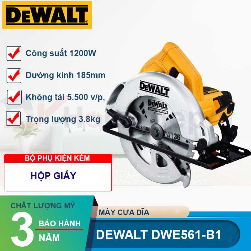 CHÍNH HÃNG - Máy cưa gỗ cầm tay 1200W đường kính đĩa 185mm DeWalt DWE561