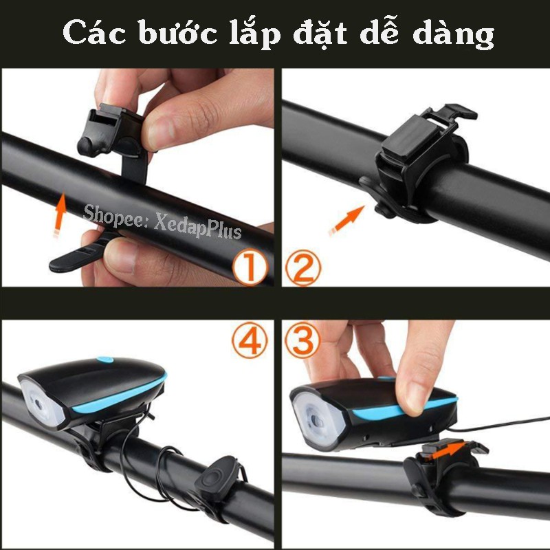 Đèn pin xe đạp thể thao siêu sáng có còi chống nước - Cao cấp, cổng sạc Usb, full hộp đầy đủ- D13