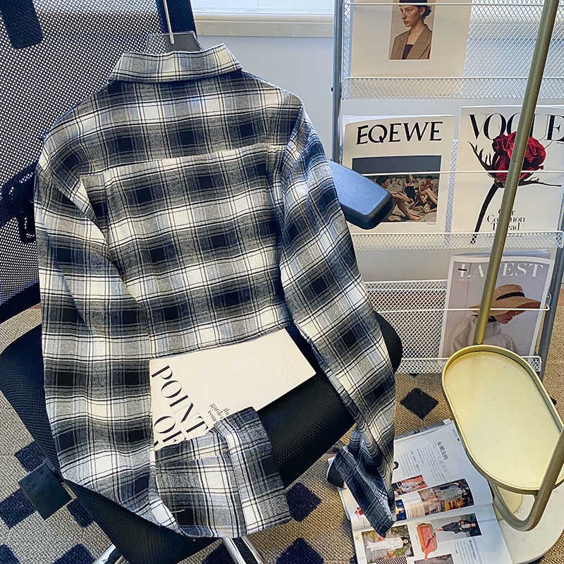 Áo Sơ Mi Ngắn Kẻ Sọc Caro Thời Trang Mùa Thu Cho Nữ