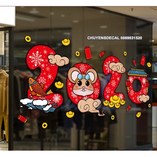 Decal dán tường Tết - 2020 hoa văn đỏ
