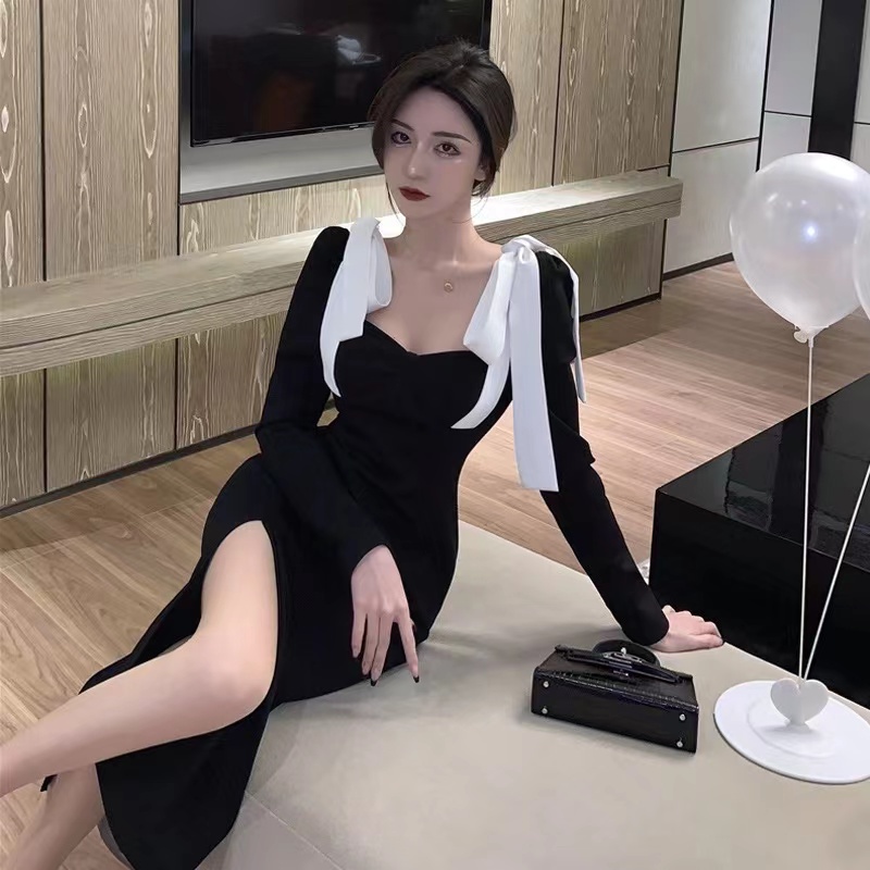 Đầm midi PERTY cổ vuông xẻ tà thời trang mùa thu Hàn Quốc 2022 cho nữ