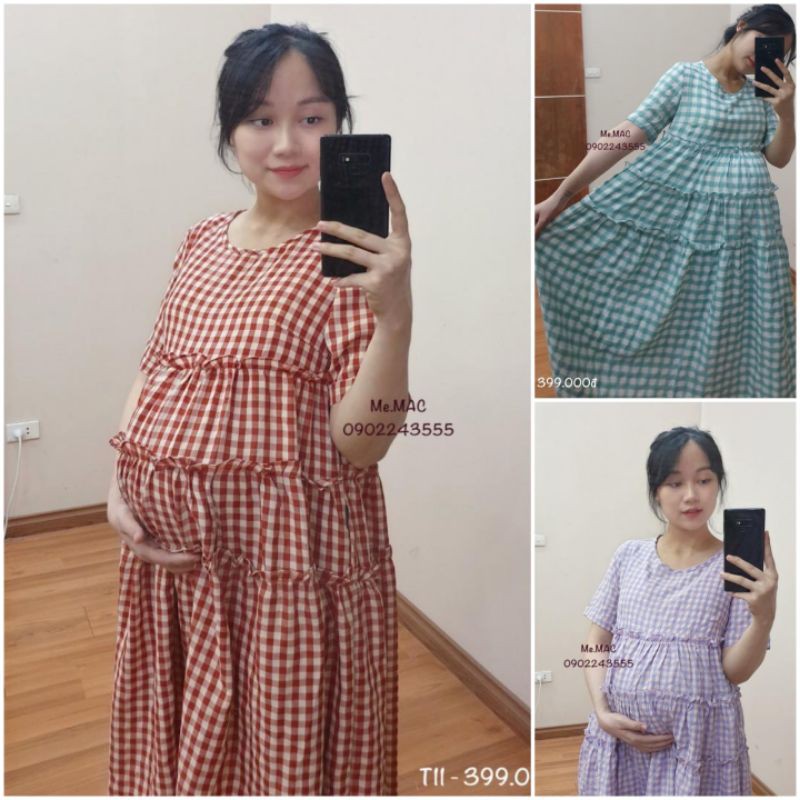 XẢ LỖ 😔 Váy Bầu Trẻ Đẹp 3 MÀU hàng thiết kế vải đũi thô mềm lên dáng cực xinh cho các mẹ -Đầm Big Size kẻ caro