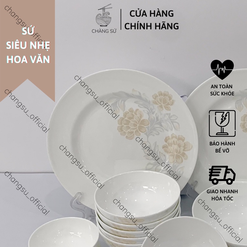Đĩa tròn trang trí hoa văn sứ siêu nhẹ - Dĩa cạn nông lòng sứ xương siêu nhẹ Minh Châu
