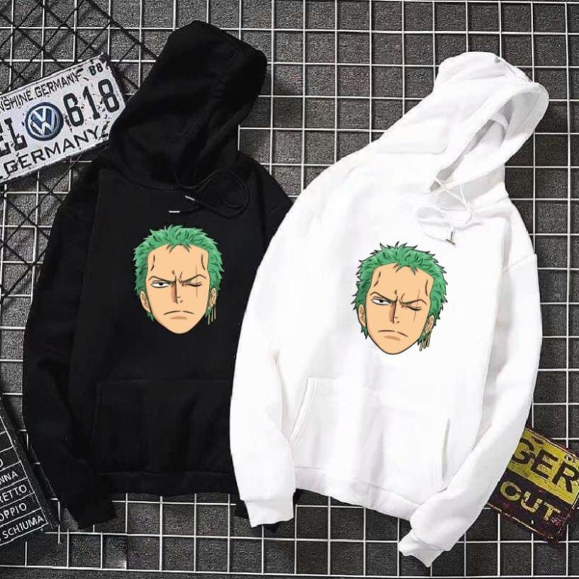 🎁 NEW 💥  Áo nỉ hoodie thu đông one piece zoro form suông rộng có mũ unisex, màu trắng, đen, xanh, ruốc hồng