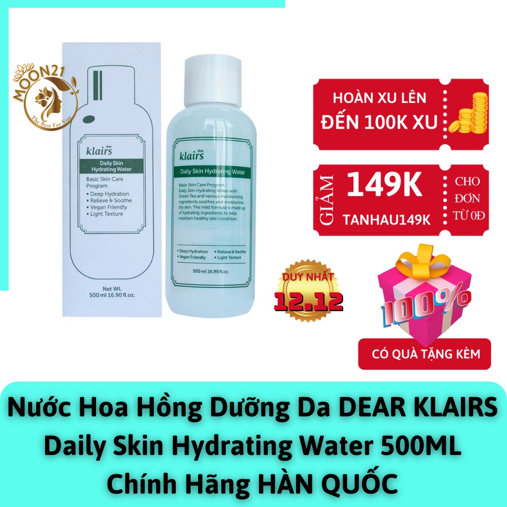 Toner Klairs 500ml, Nước hoa hồng Klairs dưỡng ẩm làm dịu da Daily Hydrating Water 500ml Auth Hàn Quốc da khô