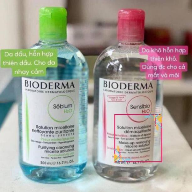 Nước Tẩy Trang Bioderma Crealine màu hồng cho da nhạy cảm, Bioderma Sebium cho da dầu mụn 500ml