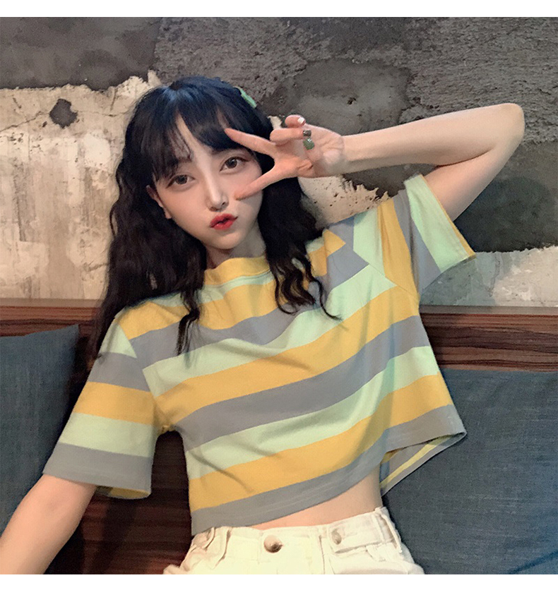 Áo Thun Croptop Kẻ Sọc Phong Cách Hàn Quốc Xinh Xắn Cho Nữ