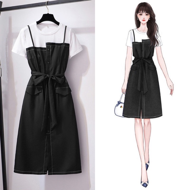 (Order 5-10days) Bigsize M-6XL Đầm giả yếm dáng suông phối màu basic