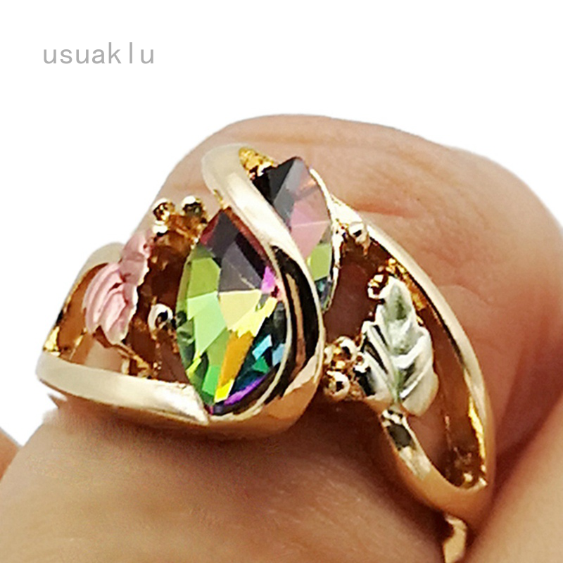 Hills Fire Jewelry Yellow Gold Black Charming Rings Mystic Leaf Women  Wedding Ring