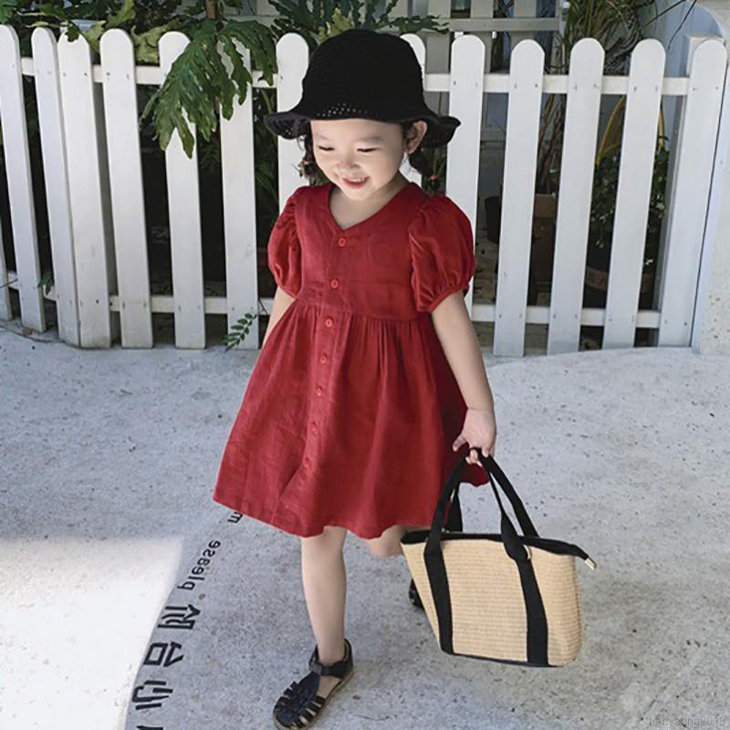 Đầm Cotton Ngắn Tay Màu Trơn Cho Bé Gái