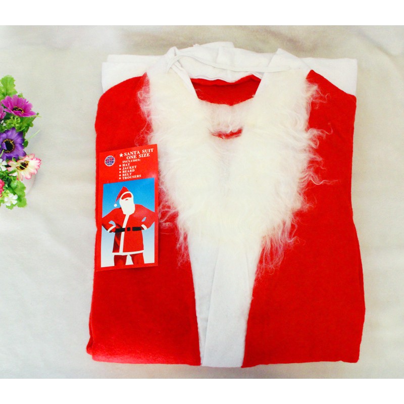 Bộ quần áo ông già Noel, bộ trang phục noel người lớn (cỡ 40-80kg) vải nỉ: mũ, quần áo, râu, túi đựng, đai lưng, giày