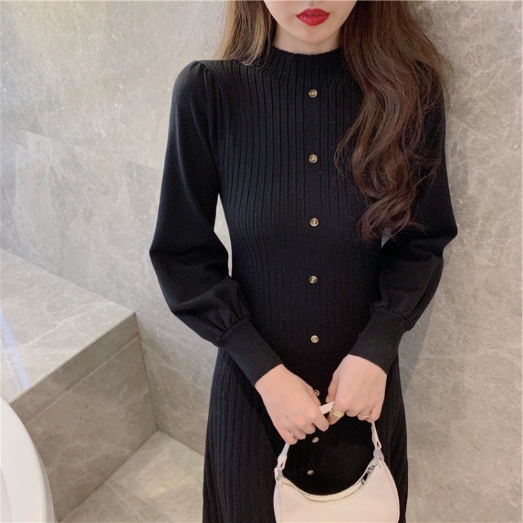 Váy lem  cổ cao 3 phân  mùa thu đông phiên bản Hàn Quốc ,váy len tay bồng nhẹ nhàng nữ tính