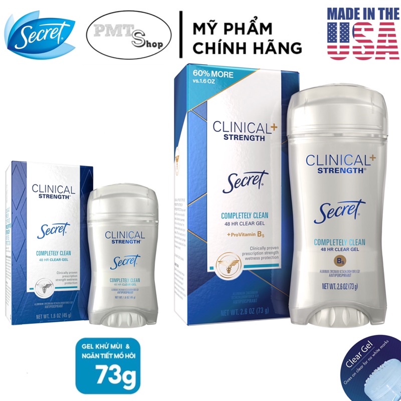 [USA] Lăn khử mùi nữ Secret Clinical Strength Clear Gel Completely Clean 73g , 45g - Mỹ