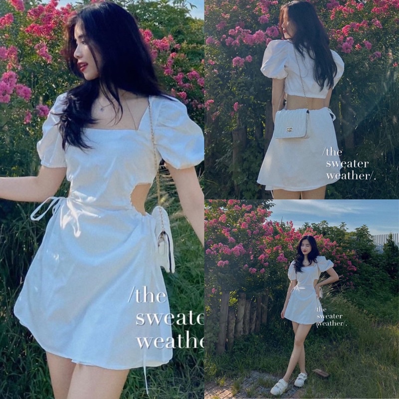 [Ảnh thật /Video]Váy tay bồng rút eo cut out lưng chun Váy hở lưng sexy tôn dáng phong cách Hàn Quốc