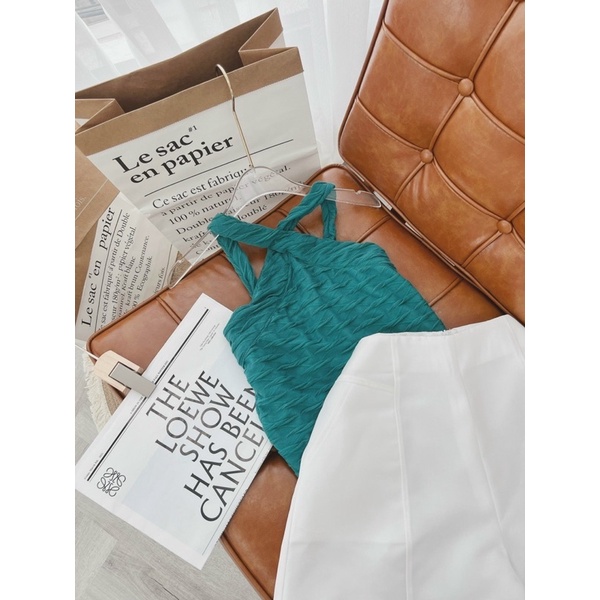 SET ÁO XỐP XANH DÂY YẾM CHÉO + SHORT TRẮNG