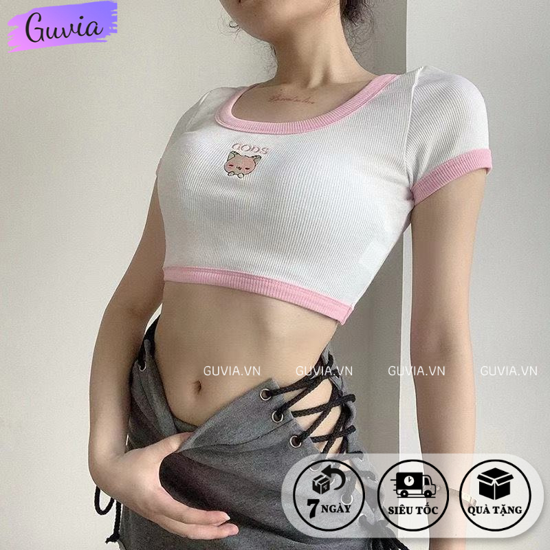 Áo Croptop Ôm Body Nữ GODS THÊU CÚN Cổ U Tay Ngắn, Áo Thun Croptop Kiểu In Họa Tiết GUVIA CR94