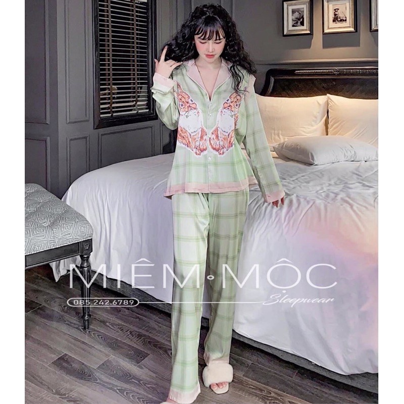 Đồ Bộ Mặc Nhà Pijama Nữ Dài Tay Cổ Bèo Dễ Thương - Đồ Ngủ Lụa Quảng Châu Cao Cấp