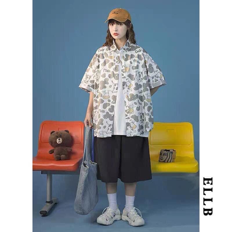Áo Sơmi Tay Lửng Unisex Hoạ Tiết Bò Sữa