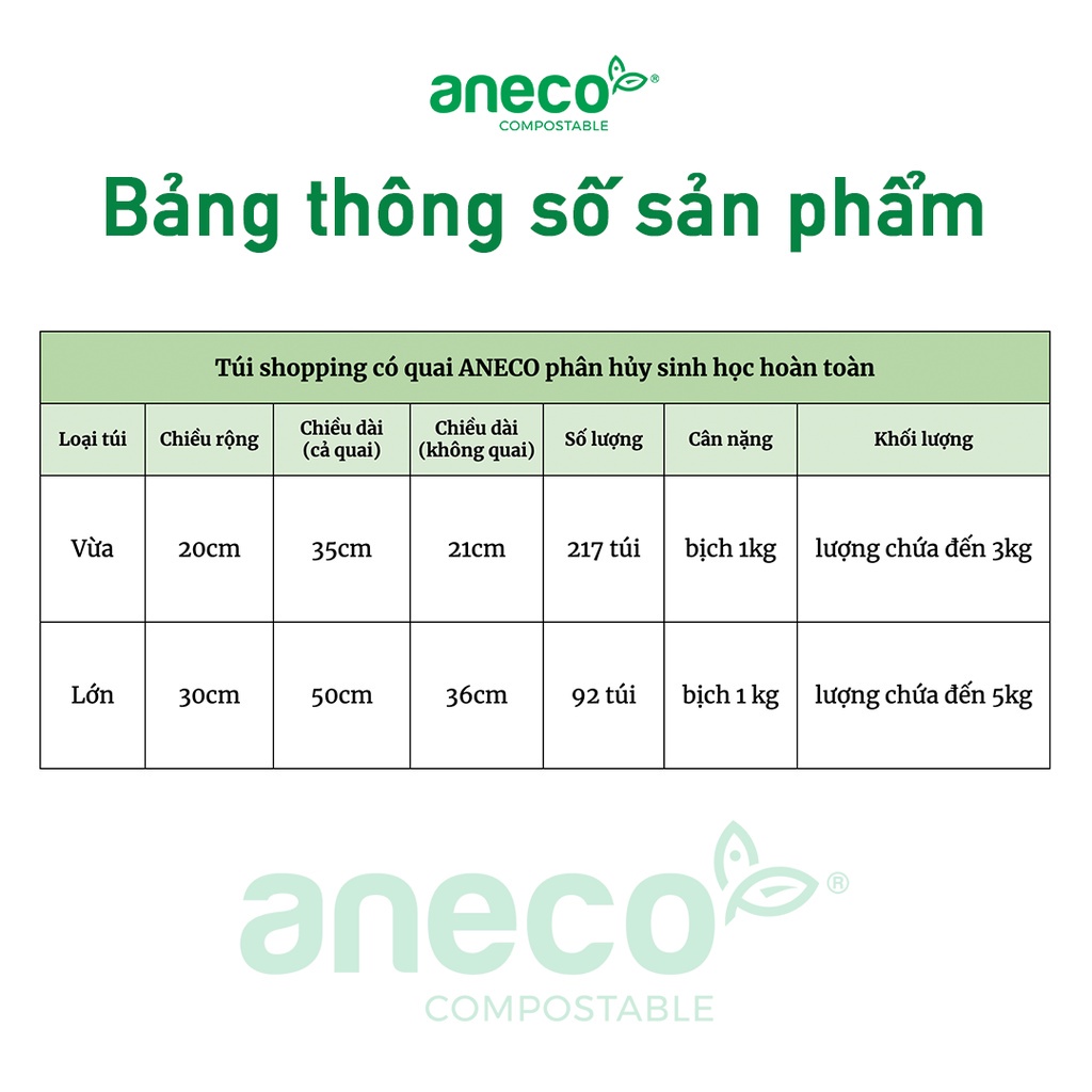 Set túi xốp tự hủy shopping có quai ANECO túi phân hủy sinh học - Không nhựa 100% - túi môi trường - túi đựng thực phẩm