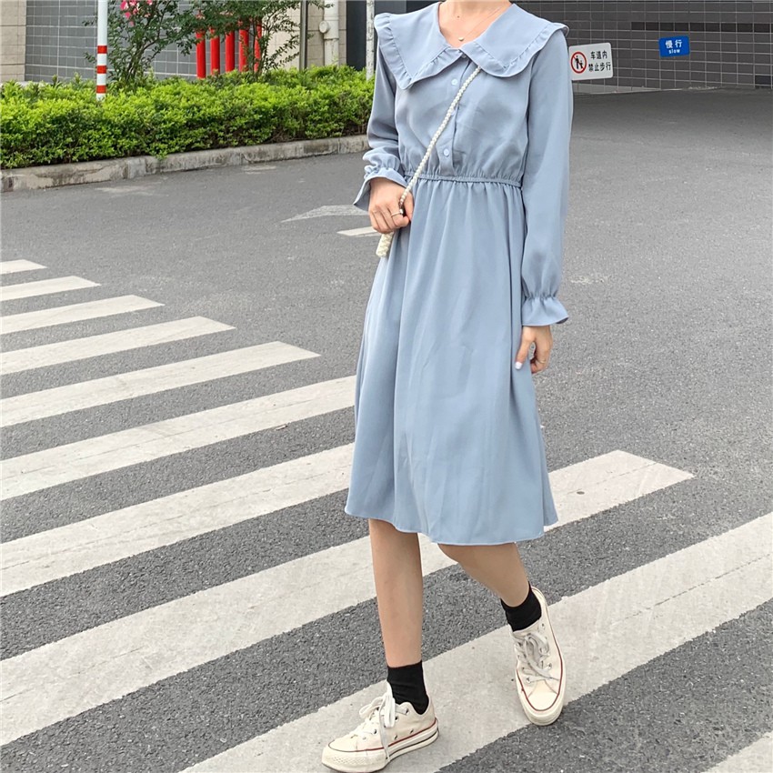 🌸Xả Có Hạn🌸Đầm Xanh Tay Dài Phối Cúc Xinh Xắn Theo Phong Cách Hàn Quốc
