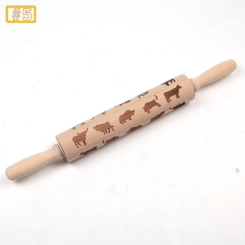 Chày lăn bột làm bánh in nổi hình trang trí bằng gỗ