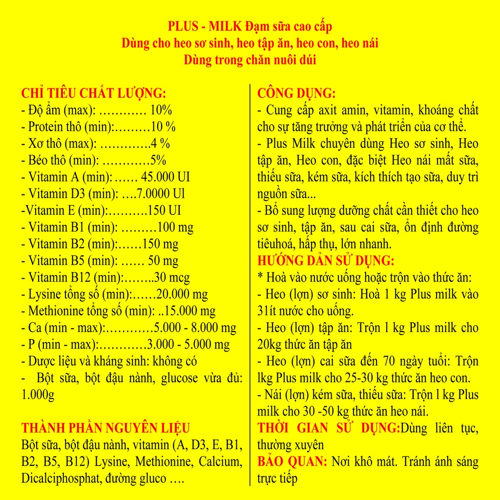 1 kg PLUS – MILK Đạm sữa Và FIVE-MILK SUPER Sữa non cao cấp chuyên dùng cho heo sơ sinh, heo tập ăn, heo con, heo nái