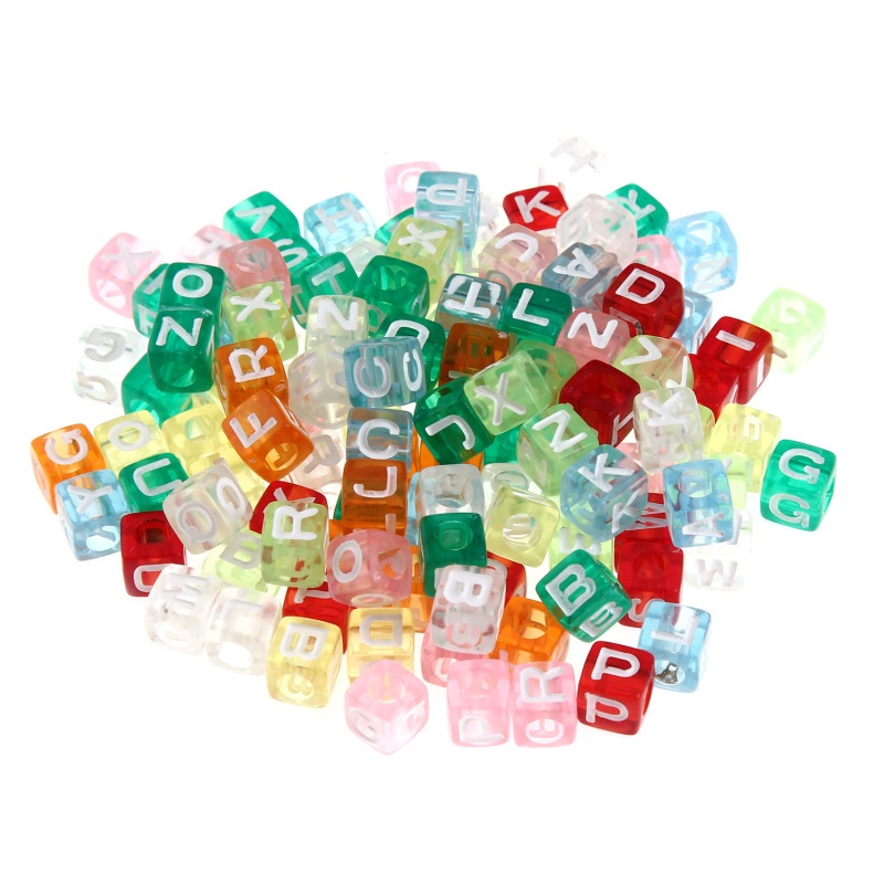 Hạt vuông acrylic trong suốt 6mm/7mm khắc chữ cái tiếng Anh dùng làm trang sức thủ công