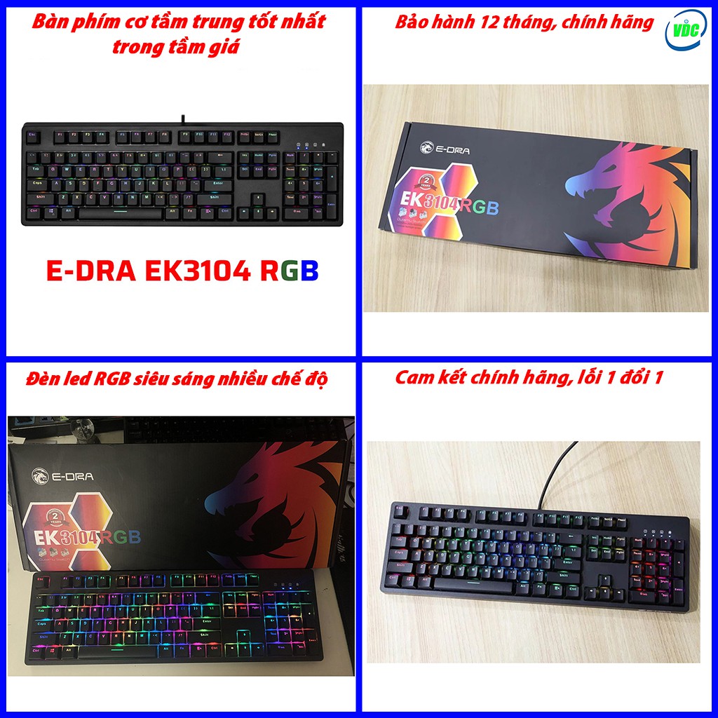 Bàn phím cơ E-DRA EK3104 - Tặng 1 keycap lá cờ Việt Nam - Outemu Switch - Led rgb siêu sáng nhiều ch