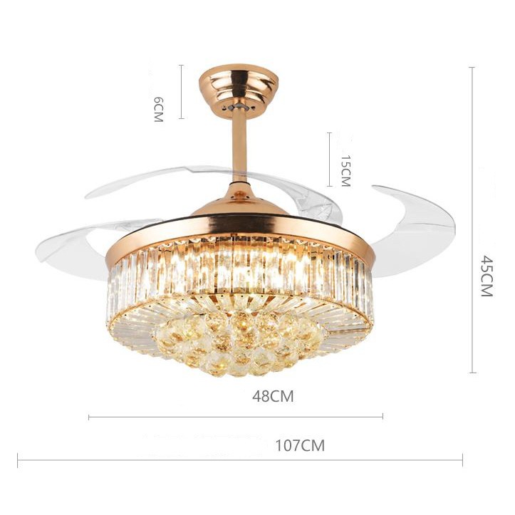 Quạt trần đèn Led, Quạt trần Pha Lê cánh cụp xòe trang trí phòng khách ánh sáng 3 màu remote 6 tốc độ mát,BH 5 năm
