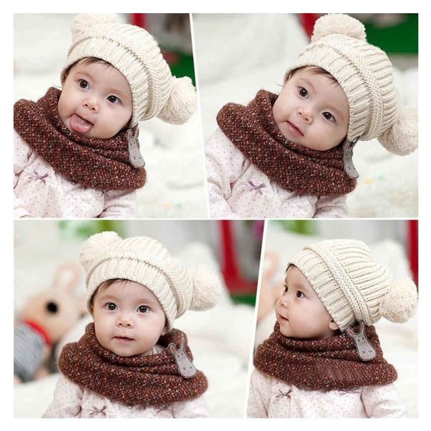 Mũ Nón Len Thu Đông Hai Cục Bông Cho Bé MK4meomeo