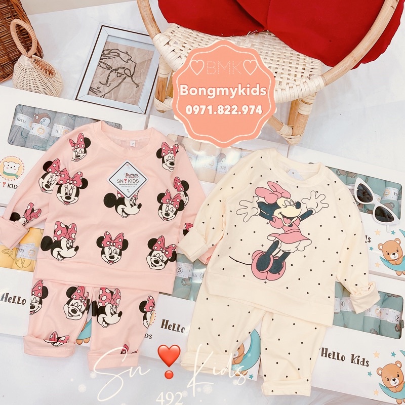 Bộ Dài Tay Bé Gái In Hình Mickey Dễ Thương . Chất Vải Cotton 4c Mềm Mịn (Size 8-20kg)