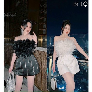 Đầm dự tiệc lụa phối lông đính đá