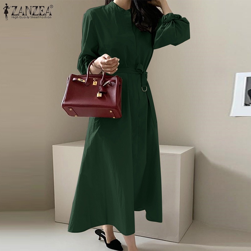 Đầm dài ZANZEA màu trơn cổ phối thắt lưng phong cách cổ điển cho nữ