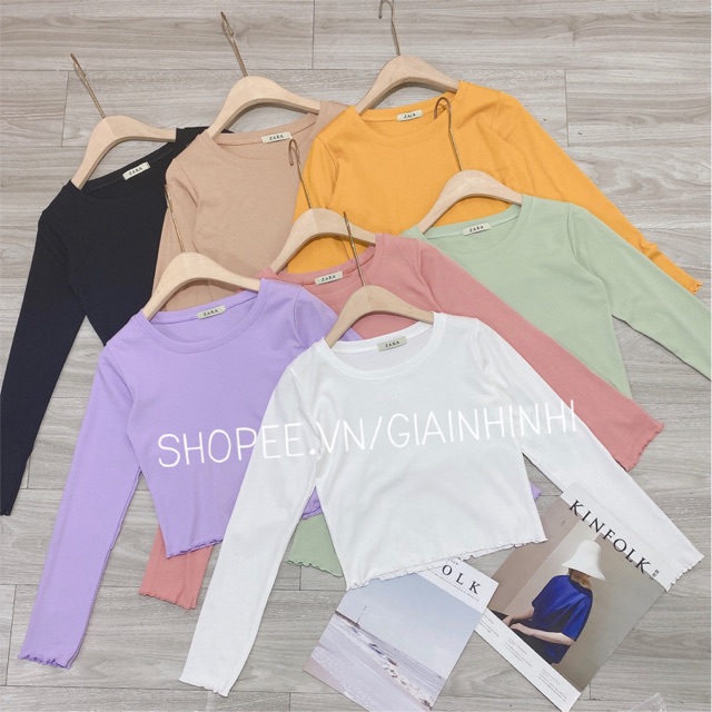 Áo thun Croptop cổ tròn vải co dãn mạnh, Áo phông cổ tròn dài tay dáng ngắn AT1076 - NhiNhiShop