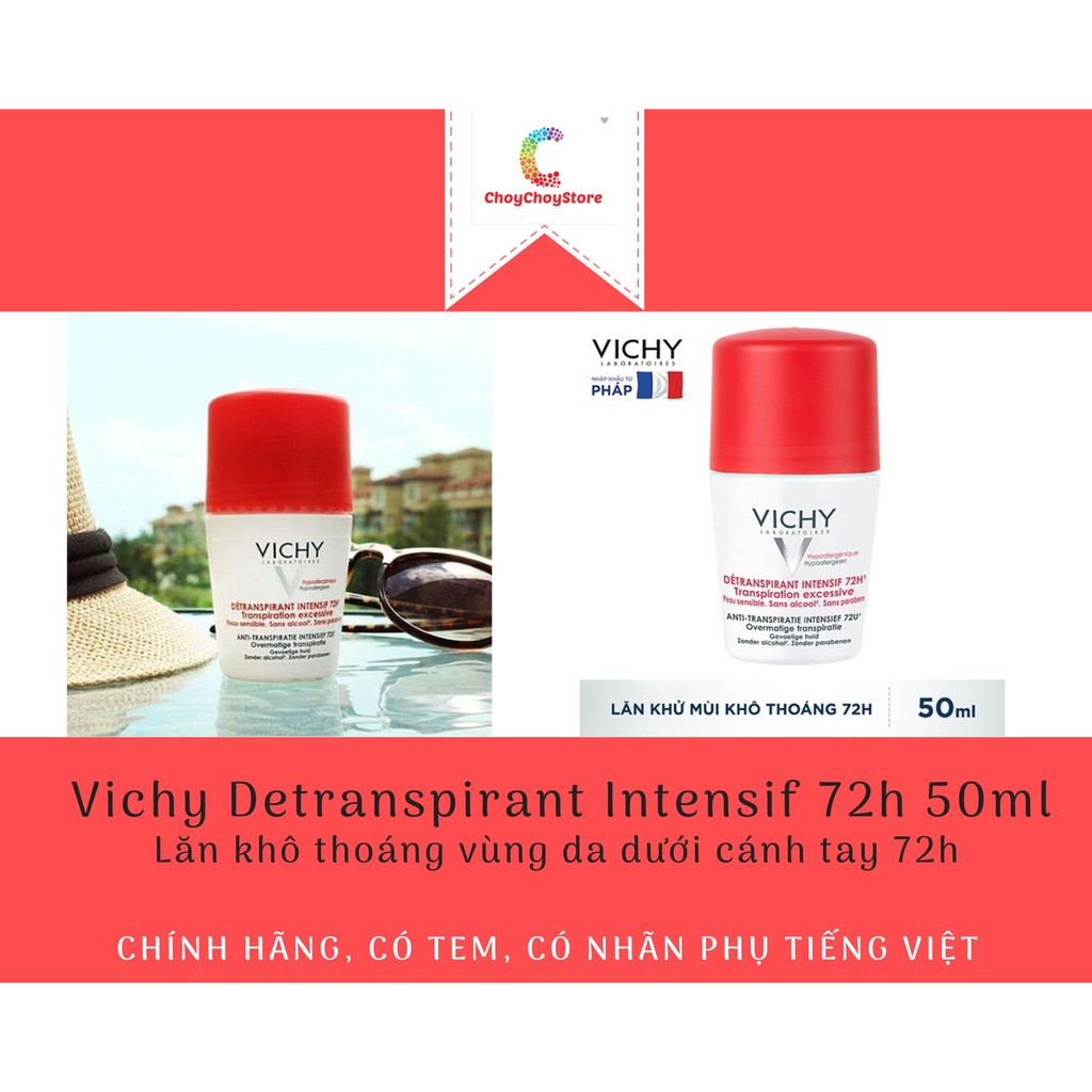 [TEM CTY] Lăn nách Vichy Detranspirant Intensif 72h 50ml - Lăn khô thoáng vùng da dưới cánh tay 72h