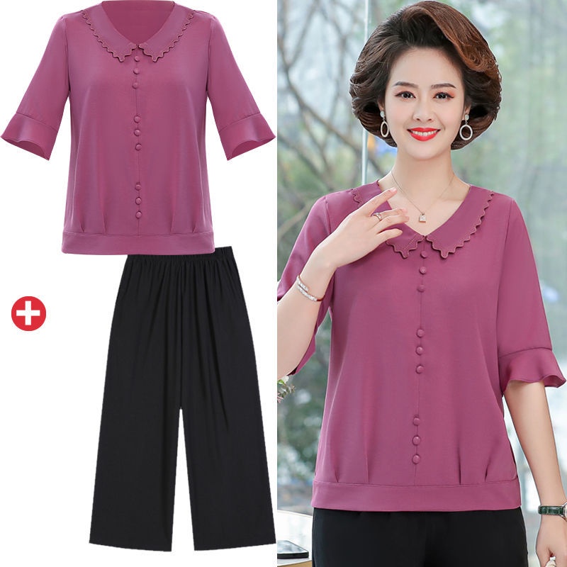 Bộ đồ dành cho người trung niên, áo sơ mi voan, tay áo, cổ búp bê, và quần phụ nữ niên đứng tuổi, hai mảnh