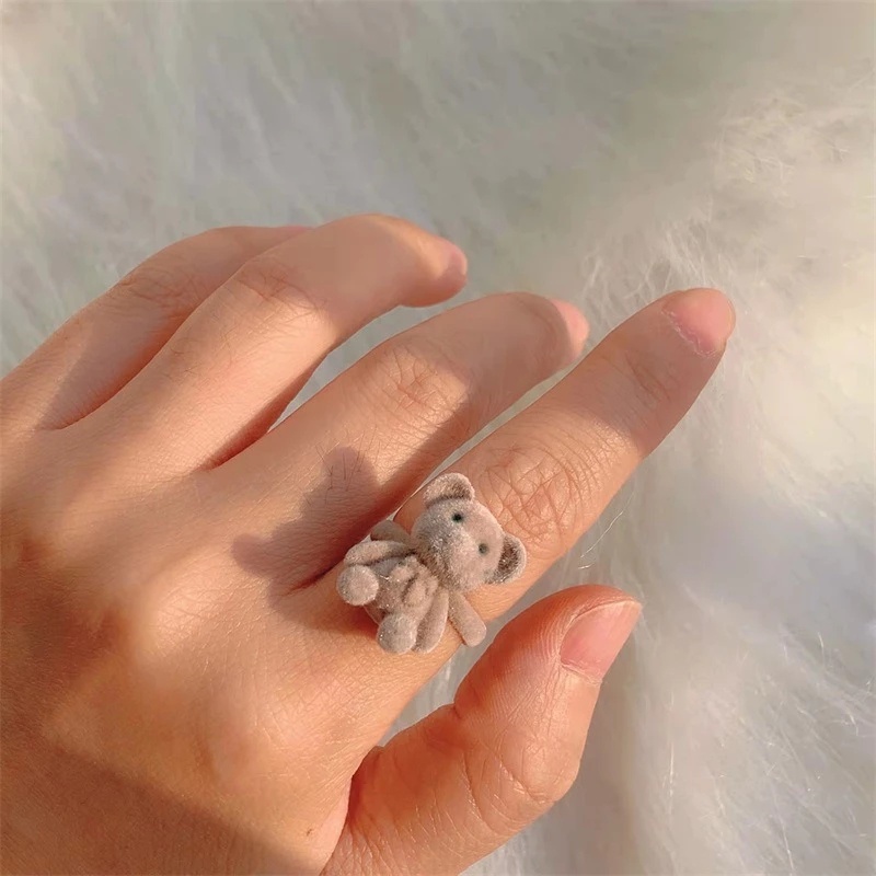 Nhẫn mở ba chiều bằng vải nhung hình gấu đáng yêu có thể điều chỉnh phong cách thời trang thu đông dành cho nữ