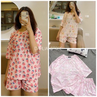 Set Thun Cộc Tay Thỏ Dâu Unicorn Nữ - Bộ đồ ngủ mặc nhà ngắn tay form rộng họa tiết icon dễ thương Ulzzang