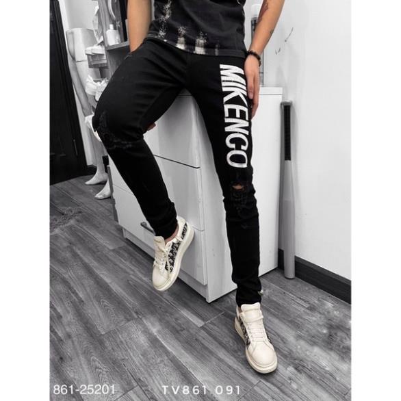 Quần Jean Nam Thêu Chữ MKC Trắng Cao Cấp - Quần Bò Nam Miken Rách Gối Siêu Hot