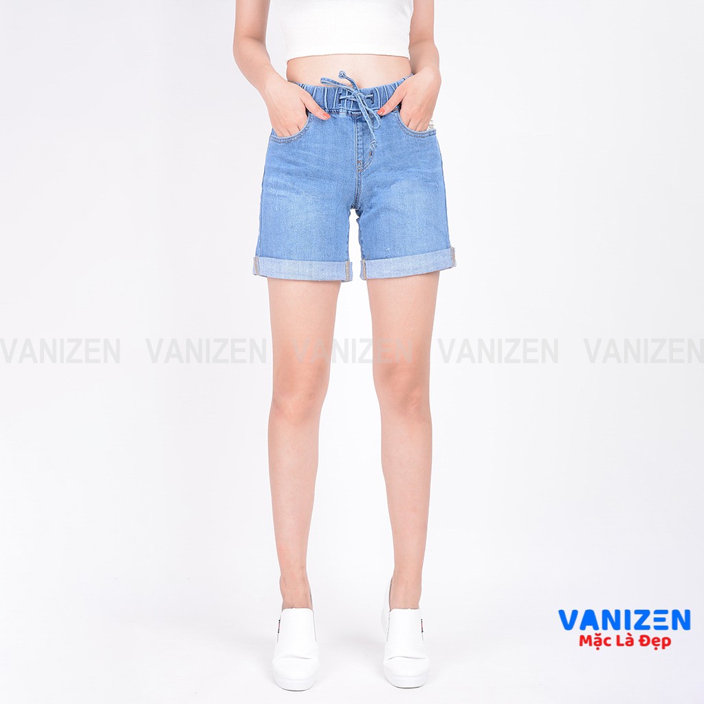 Quần short jean nữ ngắn đẹp lưng cao cạp chun xước nhẹ hàng hiệu cao cấp mã 449 VANIZEN