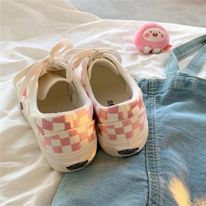 6:30PM Order Mã 060 Giày sneaker ulzzang dáng vans basic phối màu hồng pastel họa tiết caro nổi độc lạ