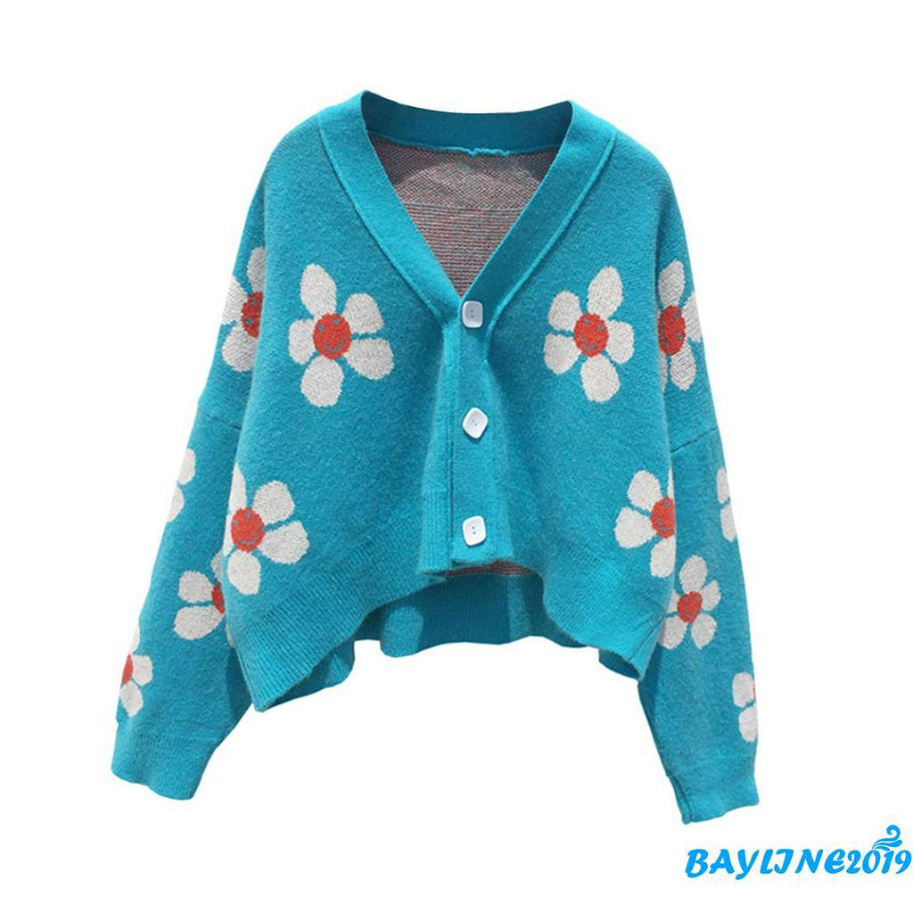 Áo khoác len cardigan tay dài cổ chữ V họa tiết hoa cho nữ